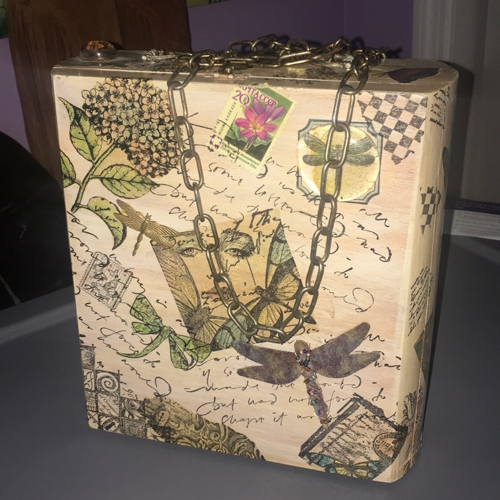 Cigar box purse dragonfly accents